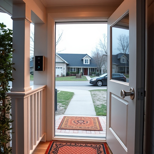 smart video doorbell on suburban porch,apartment entry secured with bolt lock,smart lock installed on modern front door,night vision security camera watching driveway,ai security camera scanning for movement,emergency alert system inside hallway