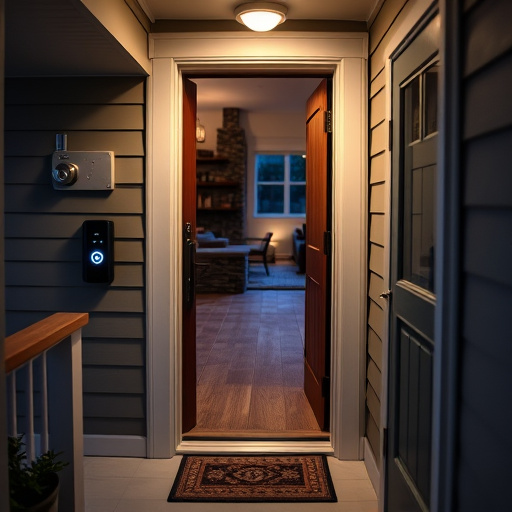 smart video doorbell on suburban porch,apartment entry secured with bolt lock,smart lock installed on modern front door,night vision security camera watching driveway,ai security camera scanning for movement,emergency alert system inside hallway