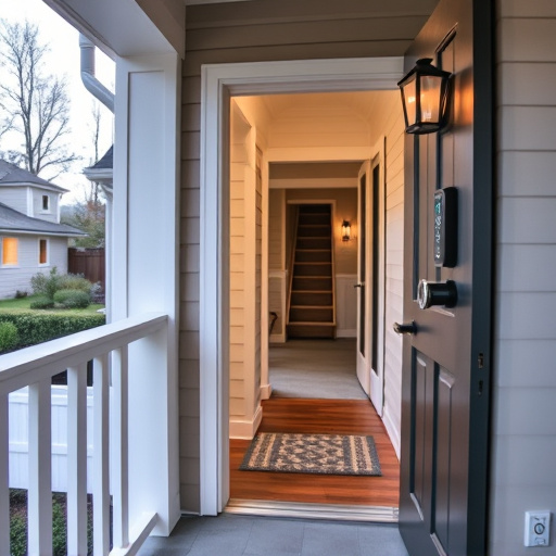 smart video doorbell on suburban porch,apartment entry secured with bolt lock,smart lock installed on modern front door,night vision security camera watching driveway,ai security camera scanning for movement,emergency alert system inside hallway