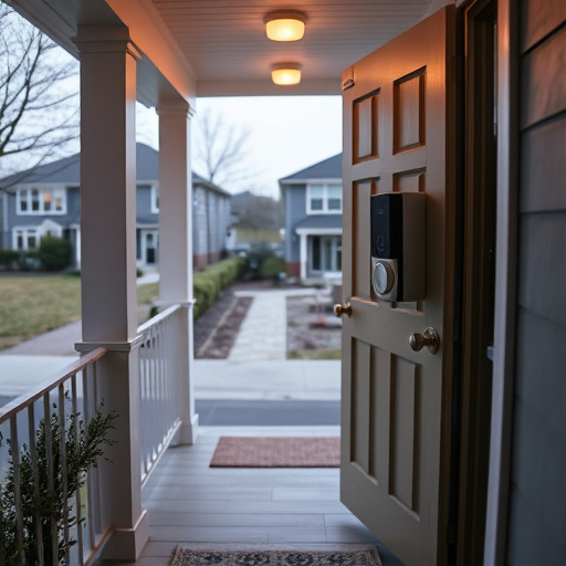 smart video doorbell on suburban porch,apartment entry secured with bolt lock,smart lock installed on modern front door,night vision security camera watching driveway,ai security camera scanning for movement,emergency alert system inside hallway