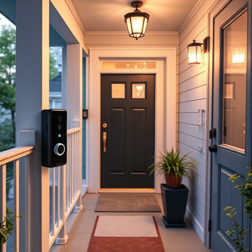 smart video doorbell on suburban porch,apartment entry secured with bolt lock,smart lock installed on modern front door,night vision security camera watching driveway,ai security camera scanning for movement,emergency alert system inside hallway