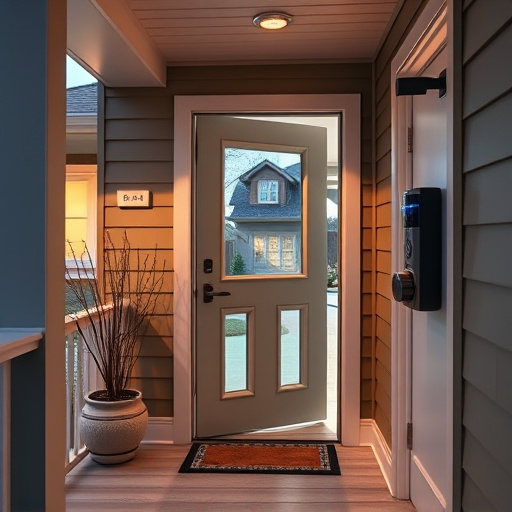 smart video doorbell on suburban porch,apartment entry secured with bolt lock,smart lock installed on modern front door,night vision security camera watching driveway,ai security camera scanning for movement,emergency alert system inside hallway