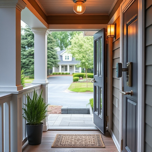 smart video doorbell on suburban porch,apartment entry secured with bolt lock,smart lock installed on modern front door,night vision security camera watching driveway,ai security camera scanning for movement,emergency alert system inside hallway