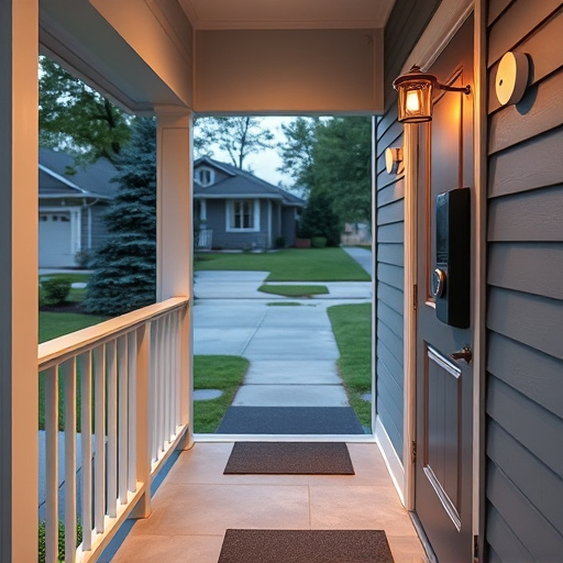 smart video doorbell on suburban porch,apartment entry secured with bolt lock,smart lock installed on modern front door,night vision security camera watching driveway,ai security camera scanning for movement,emergency alert system inside hallway