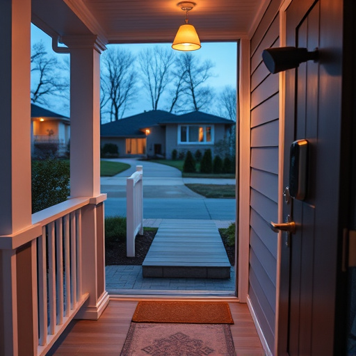 smart video doorbell on suburban porch,apartment entry secured with bolt lock,smart lock installed on modern front door,night vision security camera watching driveway,ai security camera scanning for movement,emergency alert system inside hallway