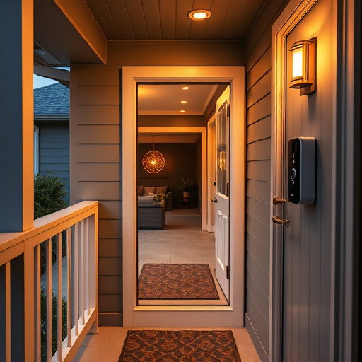 smart video doorbell on suburban porch,apartment entry secured with bolt lock,smart lock installed on modern front door,night vision security camera watching driveway,ai security camera scanning for movement,emergency alert system inside hallway