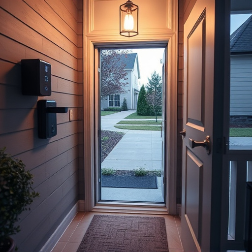 smart video doorbell on suburban porch,apartment entry secured with bolt lock,smart lock installed on modern front door,night vision security camera watching driveway,ai security camera scanning for movement,emergency alert system inside hallway
