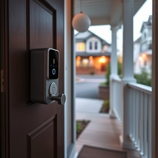 smart video doorbell on suburban porch,apartment entry secured with bolt lock,smart lock installed on modern front door,night vision security camera watching driveway,ai security camera scanning for movement,emergency alert system inside hallway