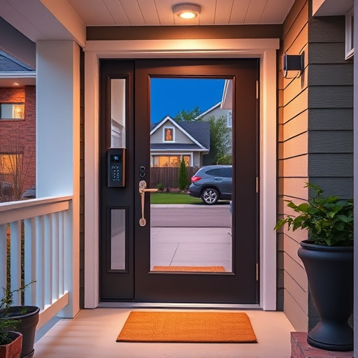 smart video doorbell on suburban porch,apartment entry secured with bolt lock,smart lock installed on modern front door,night vision security camera watching driveway,ai security camera scanning for movement,emergency alert system inside hallway