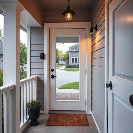 smart video doorbell on suburban porch,apartment entry secured with bolt lock,smart lock installed on modern front door,night vision security camera watching driveway,ai security camera scanning for movement,emergency alert system inside hallway