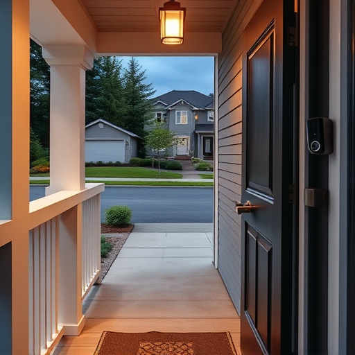 smart video doorbell on suburban porch,apartment entry secured with bolt lock,smart lock installed on modern front door,night vision security camera watching driveway,ai security camera scanning for movement,emergency alert system inside hallway