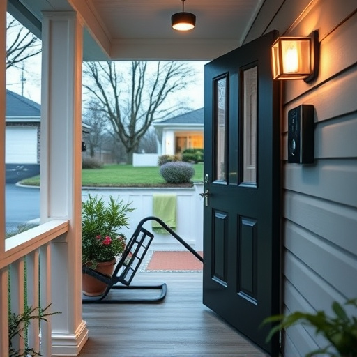 smart video doorbell on suburban porch,apartment entry secured with bolt lock,smart lock installed on modern front door,night vision security camera watching driveway,ai security camera scanning for movement,emergency alert system inside hallway