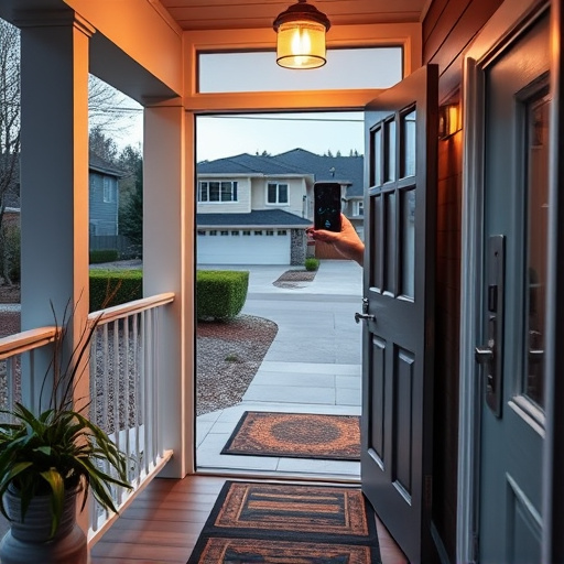 smart video doorbell on suburban porch,apartment entry secured with bolt lock,smart lock installed on modern front door,night vision security camera watching driveway,ai security camera scanning for movement,emergency alert system inside hallway