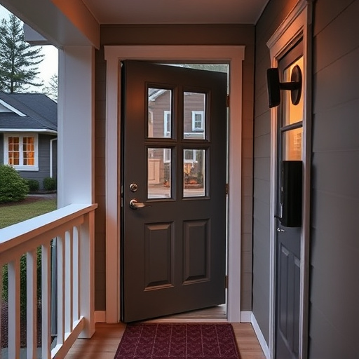 smart video doorbell on suburban porch,apartment entry secured with bolt lock,smart lock installed on modern front door,night vision security camera watching driveway,ai security camera scanning for movement,emergency alert system inside hallway