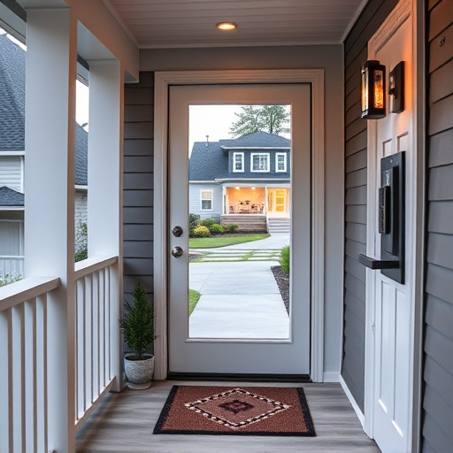 smart video doorbell on suburban porch,apartment entry secured with bolt lock,smart lock installed on modern front door,night vision security camera watching driveway,ai security camera scanning for movement,emergency alert system inside hallway