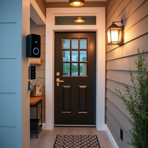 smart video doorbell on suburban porch,apartment entry secured with bolt lock,smart lock installed on modern front door,night vision security camera watching driveway,ai security camera scanning for movement,emergency alert system inside hallway
