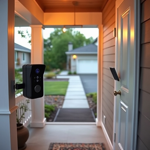 smart video doorbell on suburban porch,apartment entry secured with bolt lock,smart lock installed on modern front door,night vision security camera watching driveway,ai security camera scanning for movement,emergency alert system inside hallway