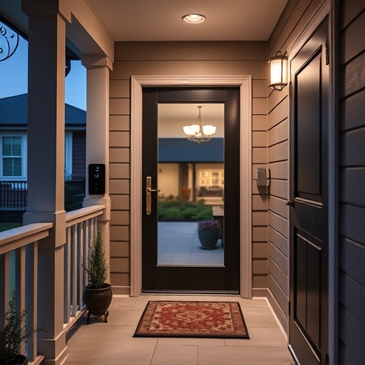smart video doorbell on suburban porch,apartment entry secured with bolt lock,smart lock installed on modern front door,night vision security camera watching driveway,ai security camera scanning for movement,emergency alert system inside hallway