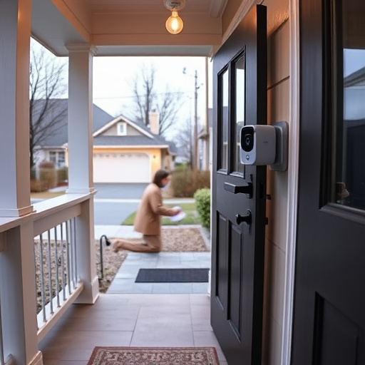 smart video doorbell on suburban porch,apartment entry secured with bolt lock,smart lock installed on modern front door,night vision security camera watching driveway,ai security camera scanning for movement,emergency alert system inside hallway