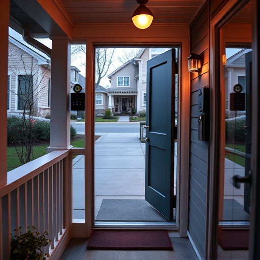 smart video doorbell on suburban porch,apartment entry secured with bolt lock,smart lock installed on modern front door,night vision security camera watching driveway,ai security camera scanning for movement,emergency alert system inside hallway