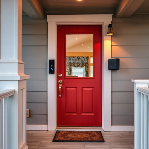 smart video doorbell on suburban porch,apartment entry secured with bolt lock,smart lock installed on modern front door,night vision security camera watching driveway,ai security camera scanning for movement,emergency alert system inside hallway
