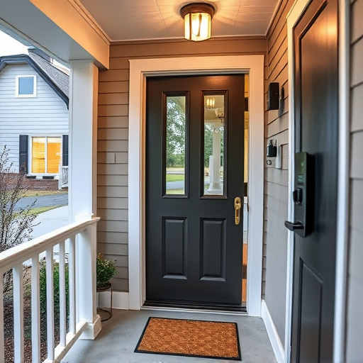 smart video doorbell on suburban porch,apartment entry secured with bolt lock,smart lock installed on modern front door,night vision security camera watching driveway,ai security camera scanning for movement,emergency alert system inside hallway