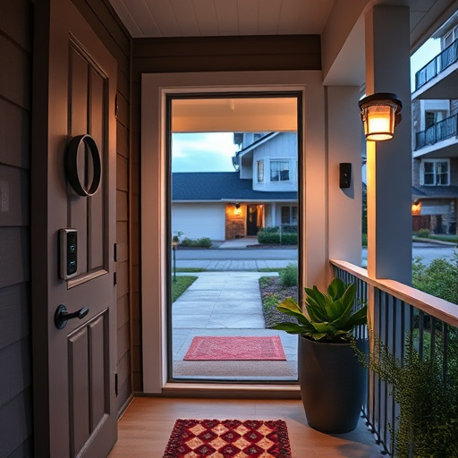 smart video doorbell on suburban porch,apartment entry secured with bolt lock,smart lock installed on modern front door,night vision security camera watching driveway,ai security camera scanning for movement,emergency alert system inside hallway