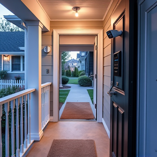 smart video doorbell on suburban porch,apartment entry secured with bolt lock,smart lock installed on modern front door,night vision security camera watching driveway,ai security camera scanning for movement,emergency alert system inside hallway