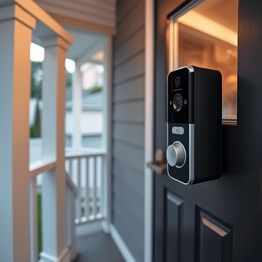 smart video doorbell on suburban porch,apartment entry secured with bolt lock,smart lock installed on modern front door,night vision security camera watching driveway,ai security camera scanning for movement,emergency alert system inside hallway