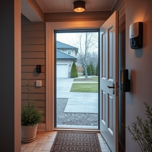 smart video doorbell on suburban porch,apartment entry secured with bolt lock,smart lock installed on modern front door,night vision security camera watching driveway,ai security camera scanning for movement,emergency alert system inside hallway