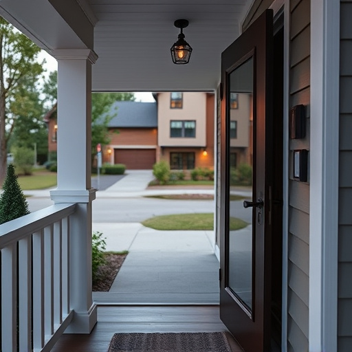 smart video doorbell on suburban porch,apartment entry secured with bolt lock,smart lock installed on modern front door,night vision security camera watching driveway,ai security camera scanning for movement,emergency alert system inside hallway