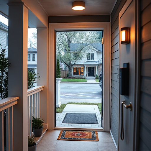 smart video doorbell on suburban porch,apartment entry secured with bolt lock,smart lock installed on modern front door,night vision security camera watching driveway,ai security camera scanning for movement,emergency alert system inside hallway
