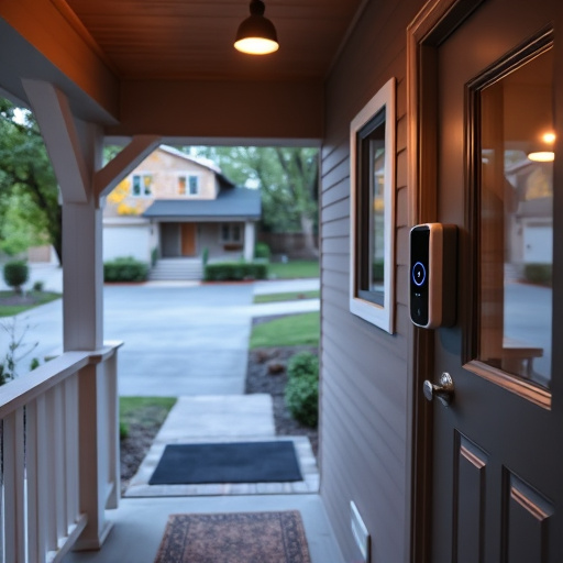 smart video doorbell on suburban porch,apartment entry secured with bolt lock,smart lock installed on modern front door,night vision security camera watching driveway,ai security camera scanning for movement,emergency alert system inside hallway