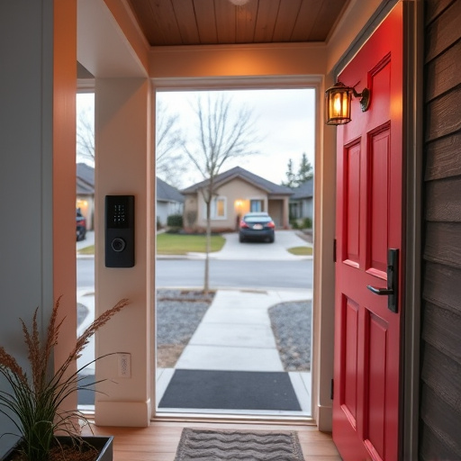 smart video doorbell on suburban porch,apartment entry secured with bolt lock,smart lock installed on modern front door,night vision security camera watching driveway,ai security camera scanning for movement,emergency alert system inside hallway