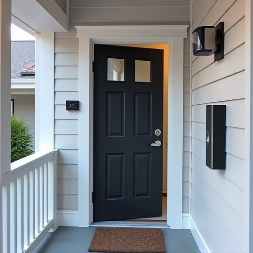 smart video doorbell on suburban porch,apartment entry secured with bolt lock,smart lock installed on modern front door,night vision security camera watching driveway,ai security camera scanning for movement,emergency alert system inside hallway