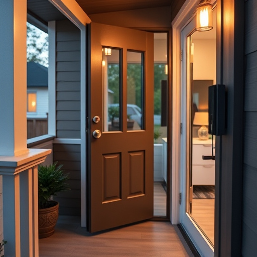 smart video doorbell on suburban porch,apartment entry secured with bolt lock,smart lock installed on modern front door,night vision security camera watching driveway,ai security camera scanning for movement,emergency alert system inside hallway