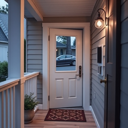 smart video doorbell on suburban porch,apartment entry secured with bolt lock,smart lock installed on modern front door,night vision security camera watching driveway,ai security camera scanning for movement,emergency alert system inside hallway
