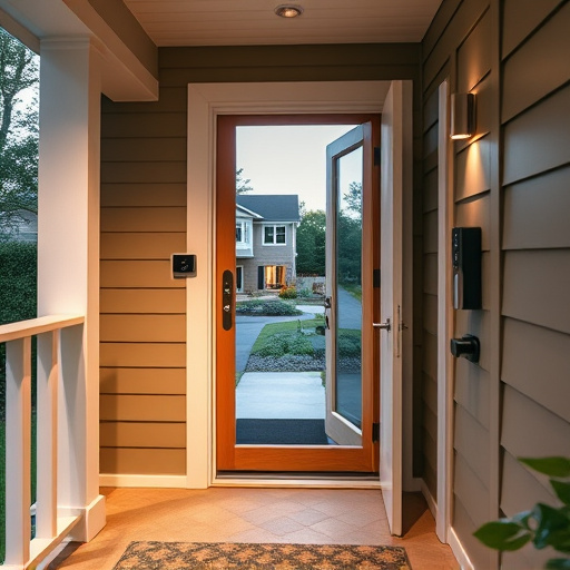 smart video doorbell on suburban porch,apartment entry secured with bolt lock,smart lock installed on modern front door,night vision security camera watching driveway,ai security camera scanning for movement,emergency alert system inside hallway