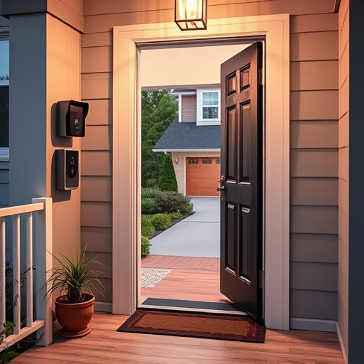 smart video doorbell on suburban porch,apartment entry secured with bolt lock,smart lock installed on modern front door,night vision security camera watching driveway,ai security camera scanning for movement,emergency alert system inside hallway