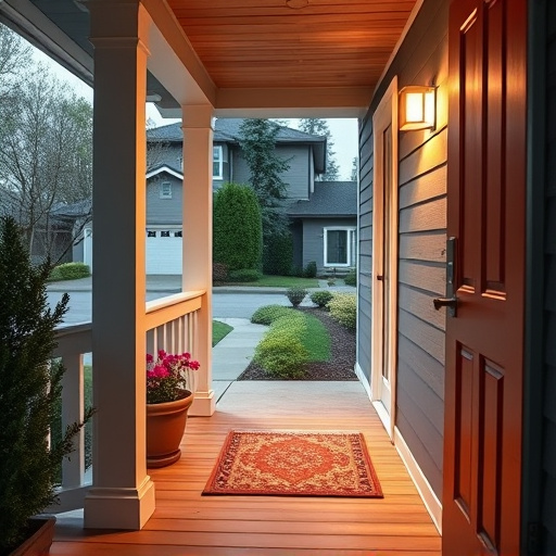 smart video doorbell on suburban porch,apartment entry secured with bolt lock,smart lock installed on modern front door,night vision security camera watching driveway,ai security camera scanning for movement,emergency alert system inside hallway