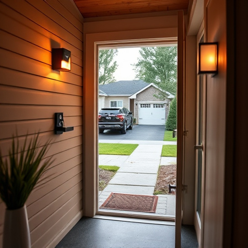 smart video doorbell on suburban porch,apartment entry secured with bolt lock,smart lock installed on modern front door,night vision security camera watching driveway,ai security camera scanning for movement,emergency alert system inside hallway
