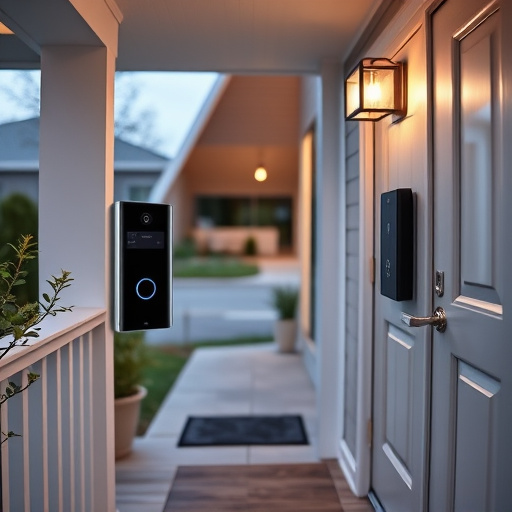 smart video doorbell on suburban porch,apartment entry secured with bolt lock,smart lock installed on modern front door,night vision security camera watching driveway,ai security camera scanning for movement,emergency alert system inside hallway