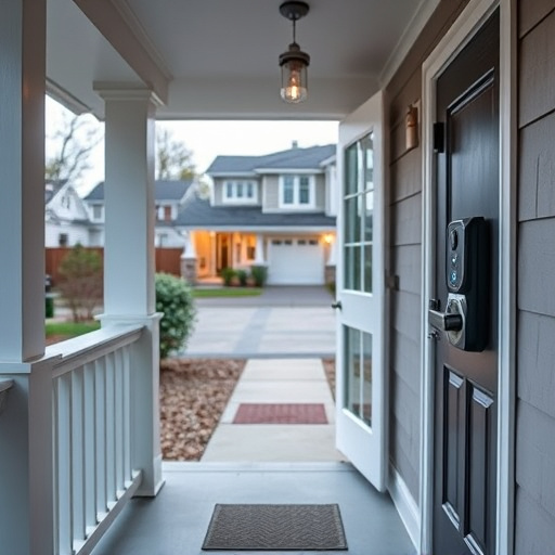 smart video doorbell on suburban porch,apartment entry secured with bolt lock,smart lock installed on modern front door,night vision security camera watching driveway,ai security camera scanning for movement,emergency alert system inside hallway