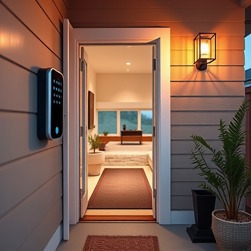 smart video doorbell on suburban porch,apartment entry secured with bolt lock,smart lock installed on modern front door,night vision security camera watching driveway,ai security camera scanning for movement,emergency alert system inside hallway