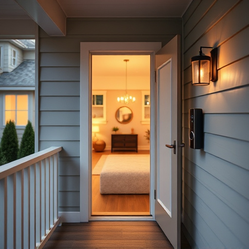 smart video doorbell on suburban porch,apartment entry secured with bolt lock,smart lock installed on modern front door,night vision security camera watching driveway,ai security camera scanning for movement,emergency alert system inside hallway