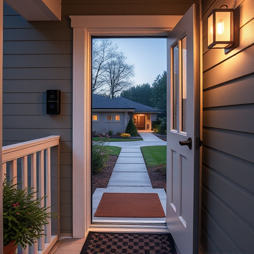 smart video doorbell on suburban porch,apartment entry secured with bolt lock,smart lock installed on modern front door,night vision security camera watching driveway,ai security camera scanning for movement,emergency alert system inside hallway