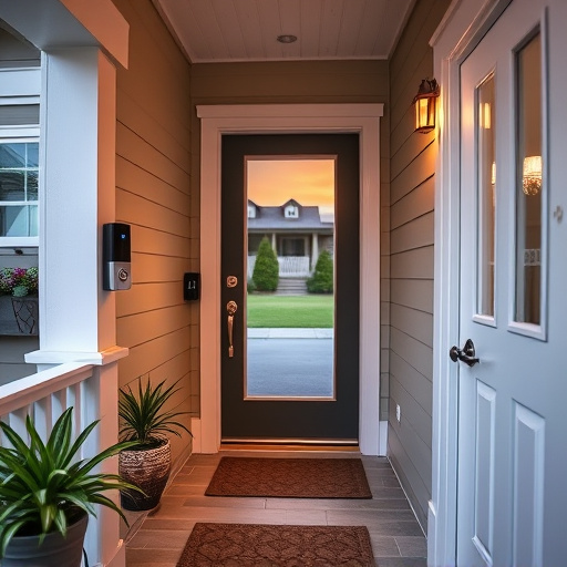 smart video doorbell on suburban porch,apartment entry secured with bolt lock,smart lock installed on modern front door,night vision security camera watching driveway,ai security camera scanning for movement,emergency alert system inside hallway