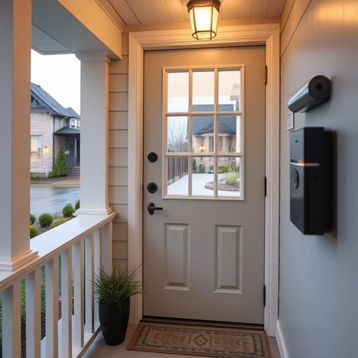 smart video doorbell on suburban porch,apartment entry secured with bolt lock,smart lock installed on modern front door,night vision security camera watching driveway,ai security camera scanning for movement,emergency alert system inside hallway