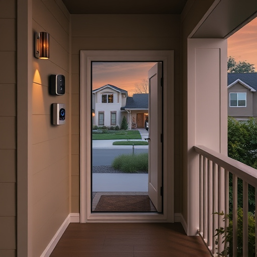 smart video doorbell on suburban porch,apartment entry secured with bolt lock,smart lock installed on modern front door,night vision security camera watching driveway,ai security camera scanning for movement,emergency alert system inside hallway