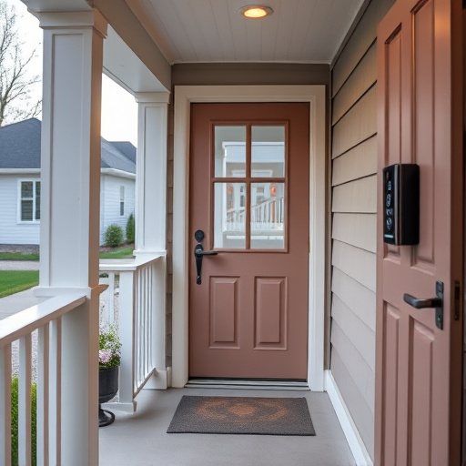 smart video doorbell on suburban porch,apartment entry secured with bolt lock,smart lock installed on modern front door,night vision security camera watching driveway,ai security camera scanning for movement,emergency alert system inside hallway